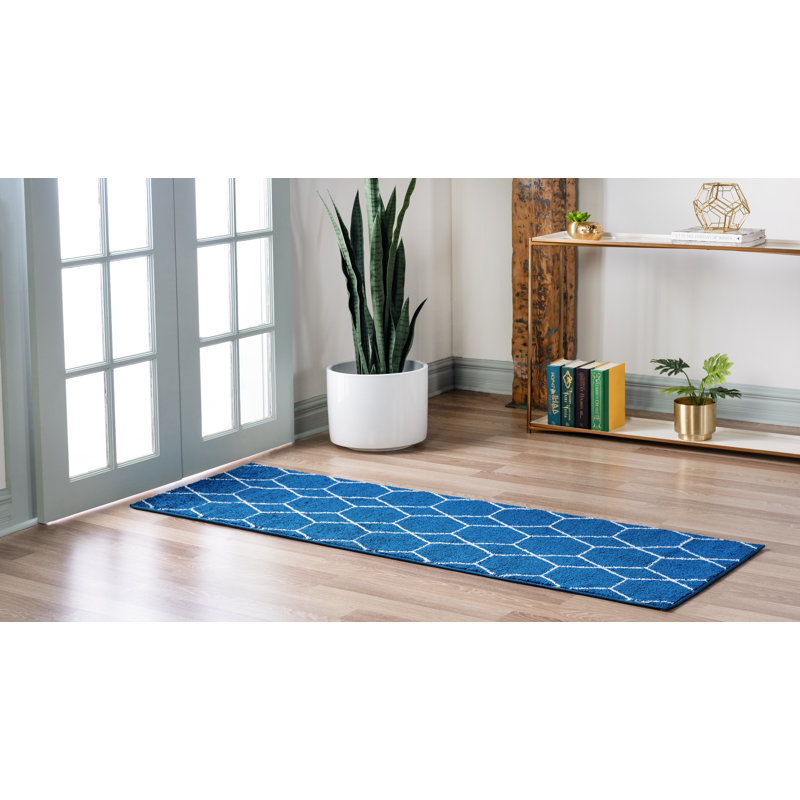 Tapis géométrique Debrodie, Navy Blue, Tapis de couloir 2 pi x 10 pi