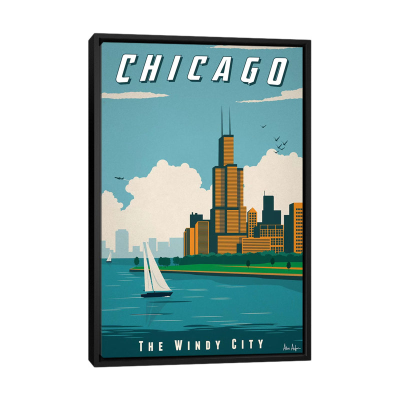 Chicago-impression d’art graphique, Pas de tapis, H 48 po x l 32 po x P 1,5 po, Toile avec cadre noir