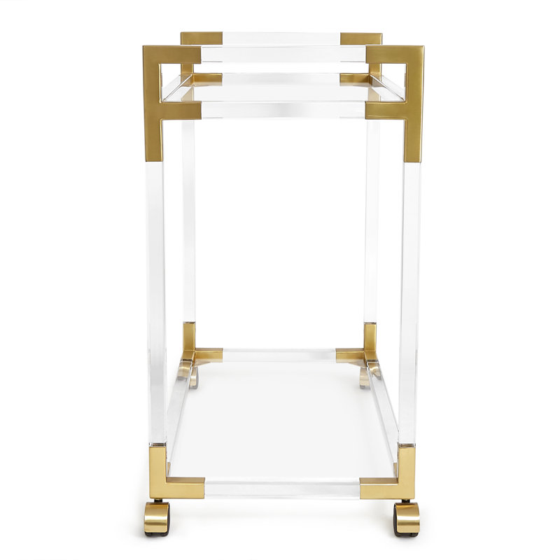 Handcrafted Jacques Acrylic and Brass Bar Cart with Glass Shelves