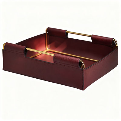 Dark Red, Medium Size，Handcrafted Leather Tray With Metal Frame - Elegant Entryway Key Organizer, Desktop Jewelry Holder For Watches, Rings, Perfume & Essentials - Durable, Waterproof, Easy To Clean Nordic Decor