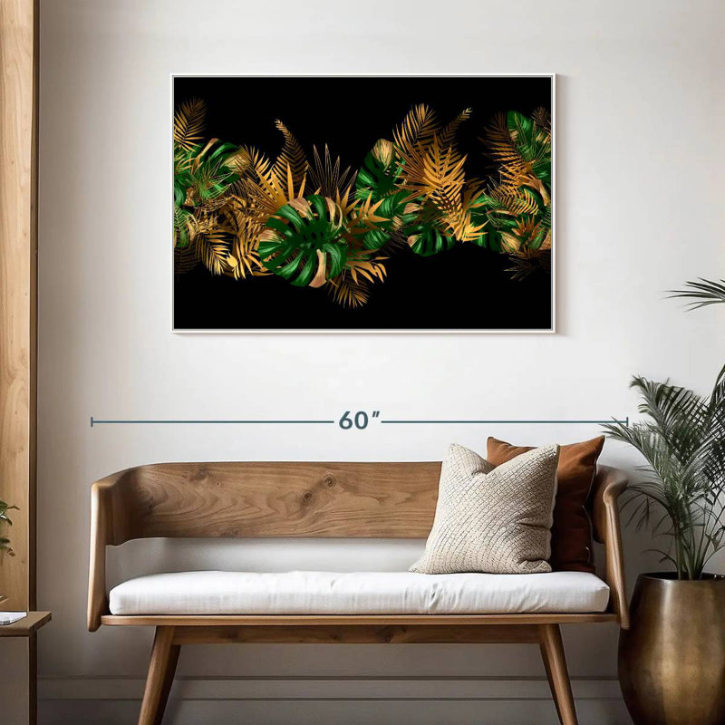 Feuilles dorées et vertes, Cadre flottant blanc, 43 po x 29 po