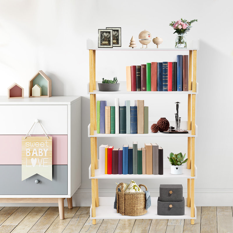 5-Tier Modern Warm White Wooden Open Bookcase Display Bookshelf
