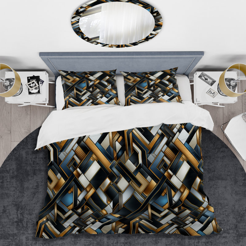 Natural Tones Grey And Beige Mosaic Geometric Shapes Duvet Cover, Twin Duvet Cover + 1 Standard Sham, Geometric Shapes 3
