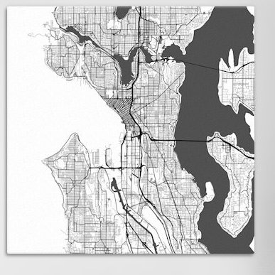 « seattle routes », impression sur toile tendue grise, H 12 po x l 12 po x P 0,75 po, Toile tendue, Pas de tapis