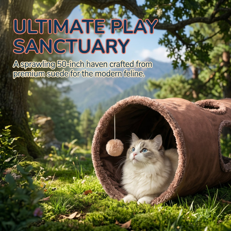 Tunnel de jeu pliable en suède brun pour chat, de 51 po x 12 po de diamètre, cache-cache, pour lapins, furets et chiots