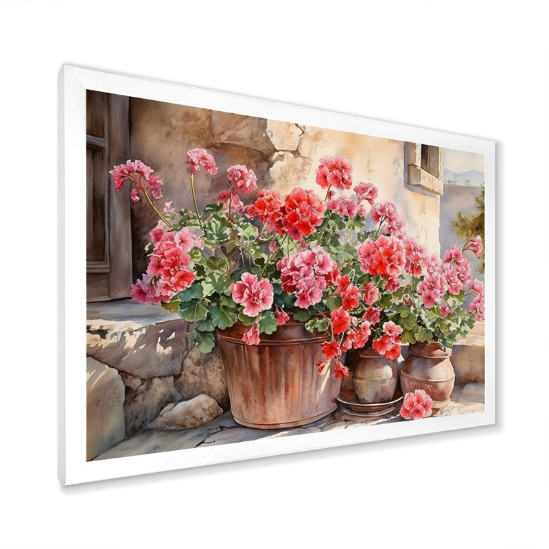 Poteries Geraniums Sunset - impression, H 24 po x l 32 po x P 1 po, Cadre simple blanc