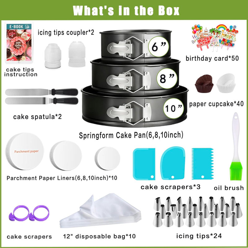 168pcs Cake Pan Sets for Baking + Cake Decorating Supplies: 3 Non-Stick Springform Pans Set