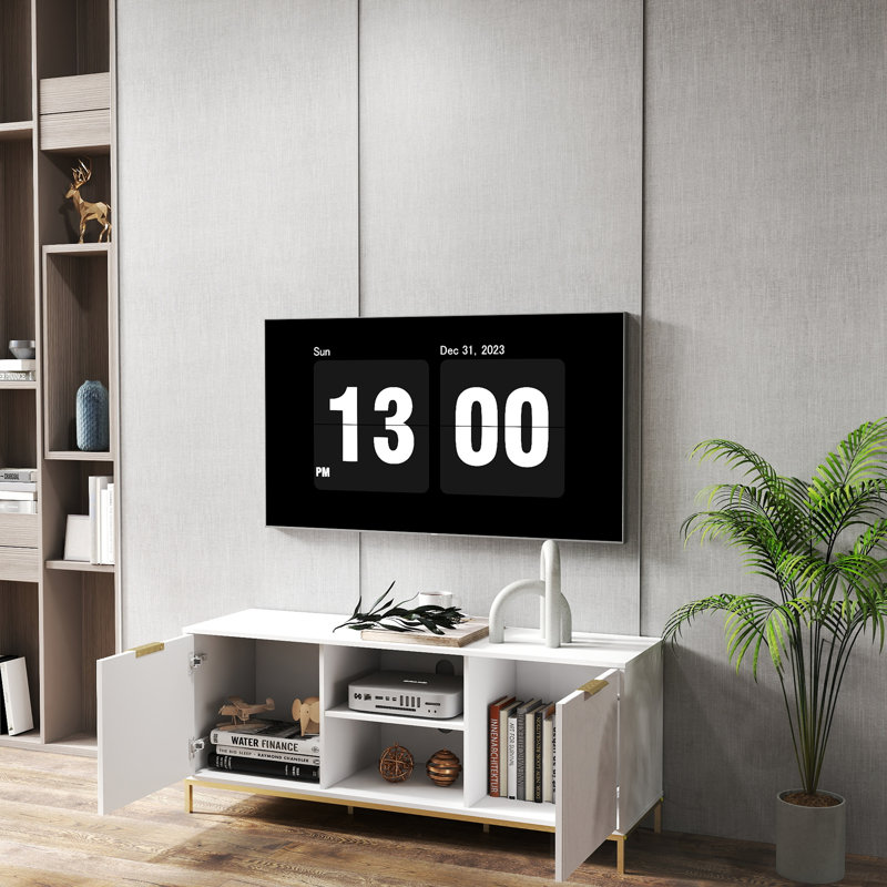 Meuble télé avec portes et charnières à fermeture douce et tablette réglable, White&Gold