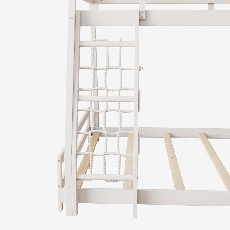 Twin over Queen House Bunk Bed with Climbing Nets and Climbing Ramp, Natural, White
