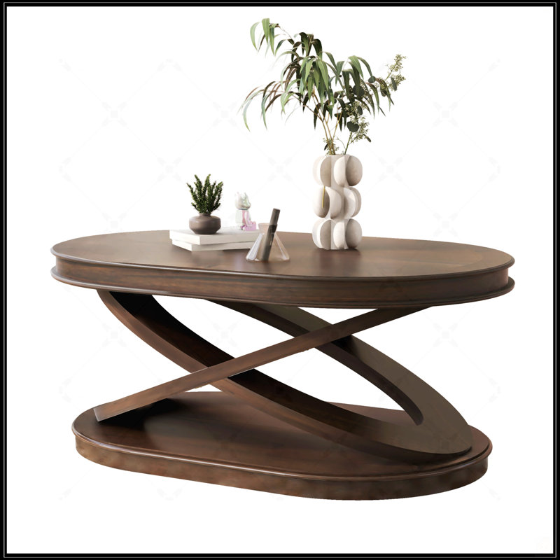 44 Inch Wood Oval Coffee Table With X-Shaped Base,Open Strorage Space, Walnut