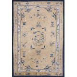 Antique Geometric Medallion Wool Hand Knotted Pile Ivory Beige Cream White 1930s Rug
