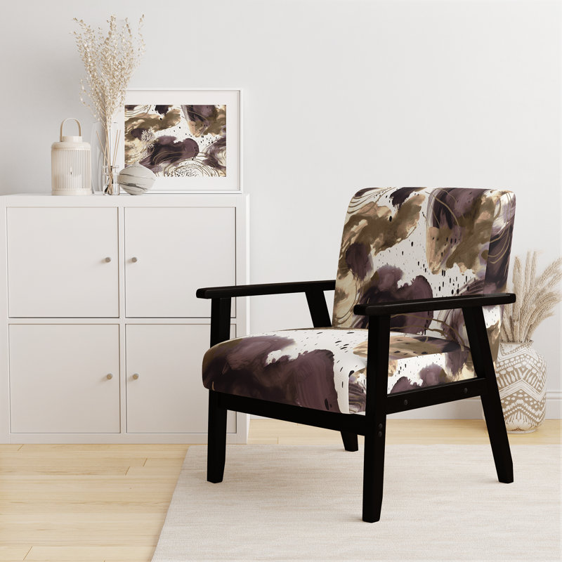 Fauteuil rembourré en velours moderne à motif abstrait avec textures bleues et dorées II, Brun/ crème/ blanc, Noir