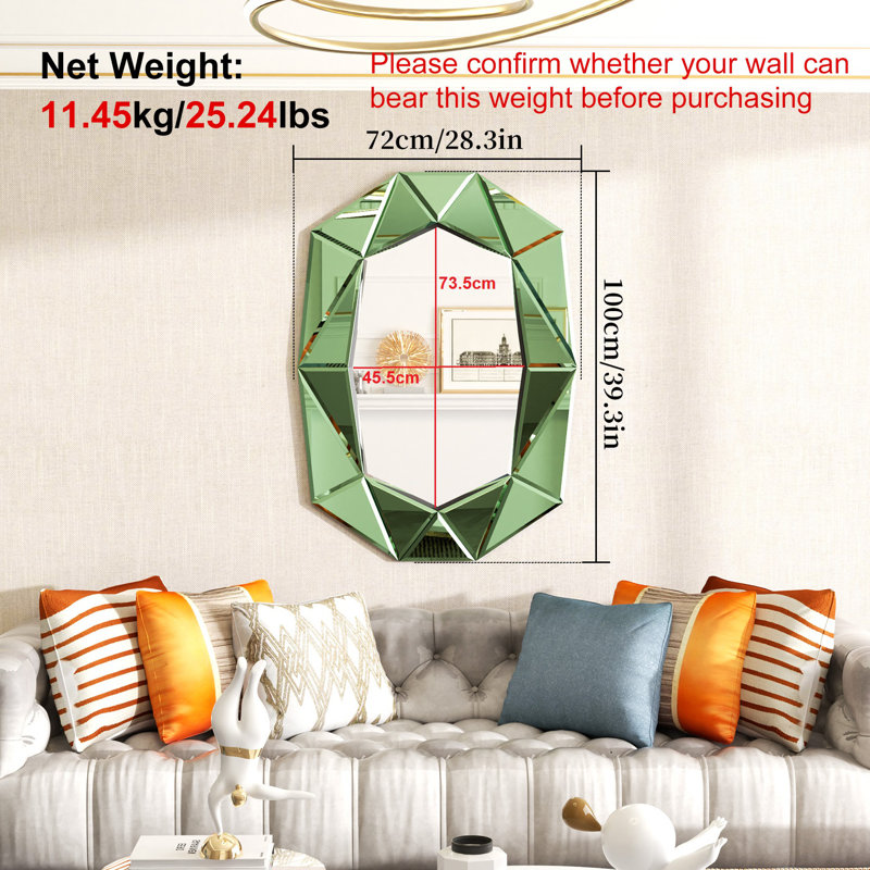 Briahna Geometric Wall Mirror with Silver Mirrored Frame and Bevelled Edges, Green