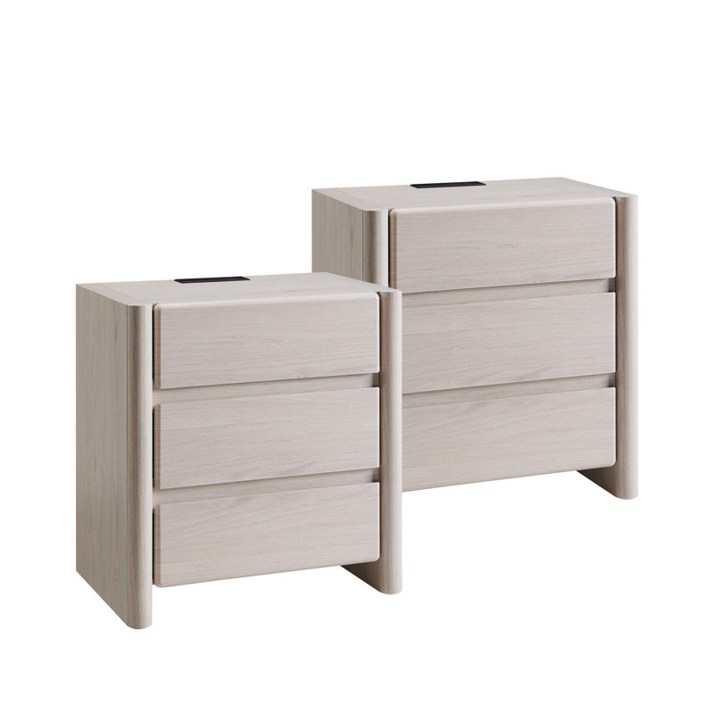 Grande table de bout moderne de 25 po Bolanos, 2 tables d'appoint l 23,6 po avec station de charge et 3 tiroirs de rangement, grande table de bout en bois pour chambre à coucher