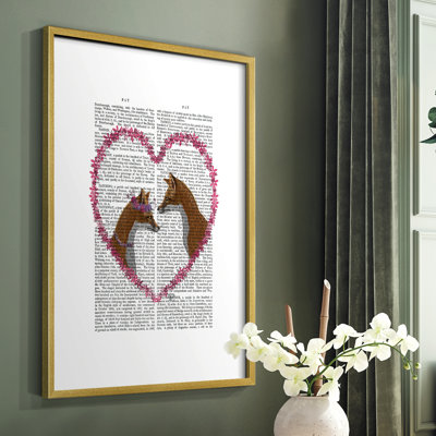 Foxes in Pink Heart Framed Print - Solid Wood