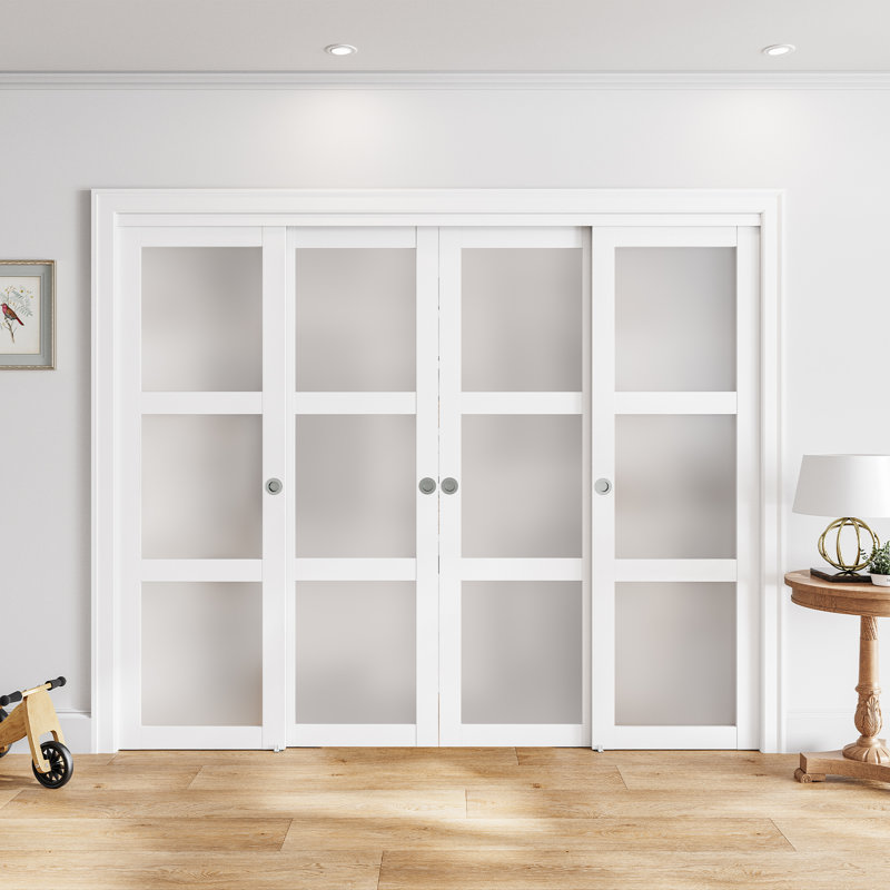 Portes de garde-robe coulissantes en verre givré double avec trousse de quincaillerie d'installation, 120 po x 80 po, Blanc