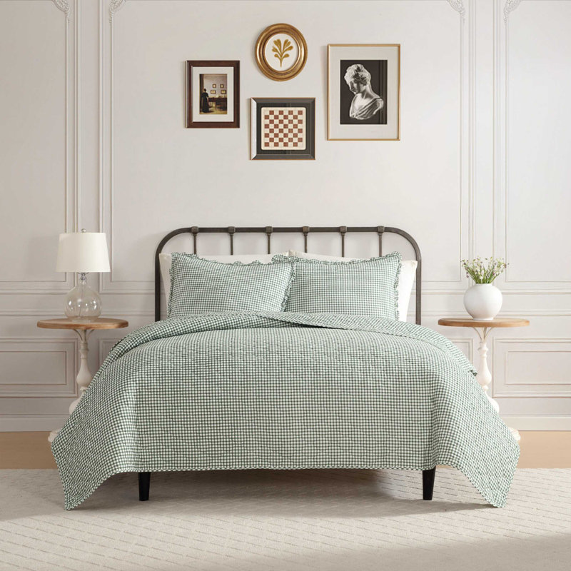 Laura Ashley Gracies Gingham Cotton Reversible Green King Quilt Set, King Quilt + 2 King Pillowcases