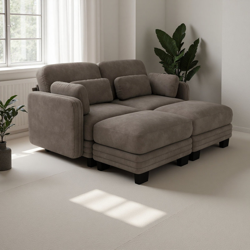 Canapé d'angle modulaire 2 places au design moderne et minimaliste capitonné, avec 2 poufs amovibles et d'épais coussins d'assise confortables, idéal pour le salon ou la chambre, en chenille.