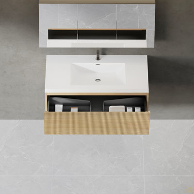 42'' Floating Bathroom Vanity With Sink Combo, Wall-Mounted Striped Bathroom Storage Cabinet With Soft-Close Drawer