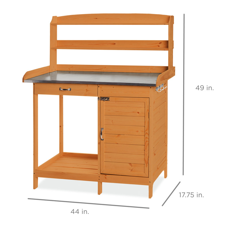 Fir Wood Outdoor Potting Bench with Metal Tabletop and Storage Cabinet