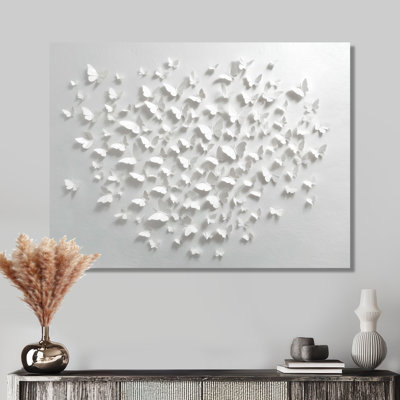 Summer White Butterflies In The Sky - Abstract Collages Wall Art, White Contemporary Canvas Print