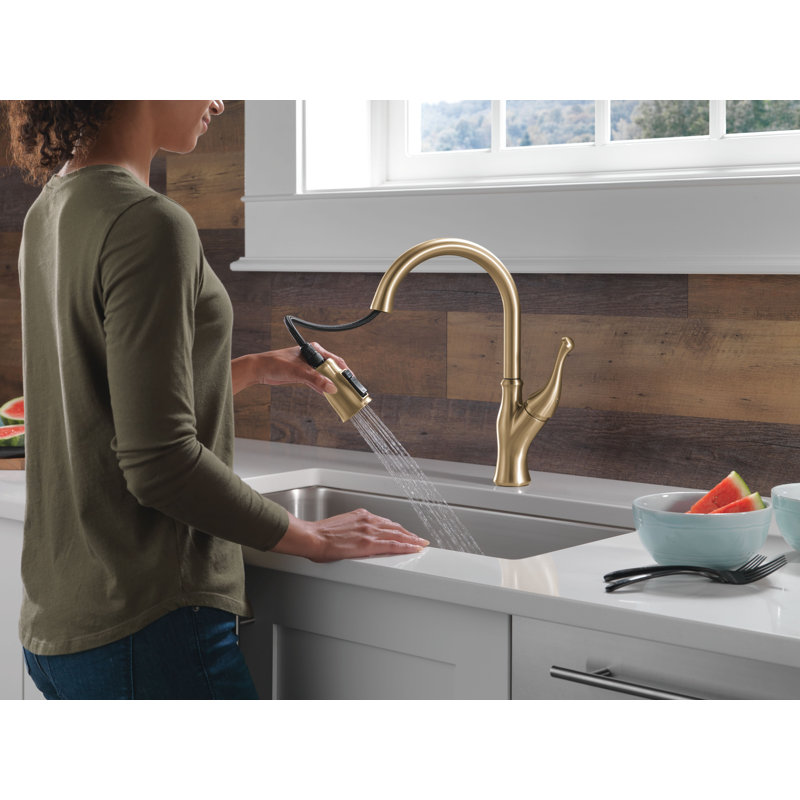 Robinet de cuisine Ophelia or brossé avec douchette extractible, robinet d'évier de cuisine monotrou moderne, poignée simple, bronze champagne
