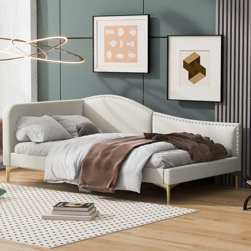 Twin Size Upholstered Daybed with Headboard, Beige