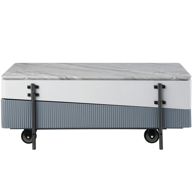 Élégante table basse grise et blanche avec plateau relevable fonctionnel et compartiment organisé