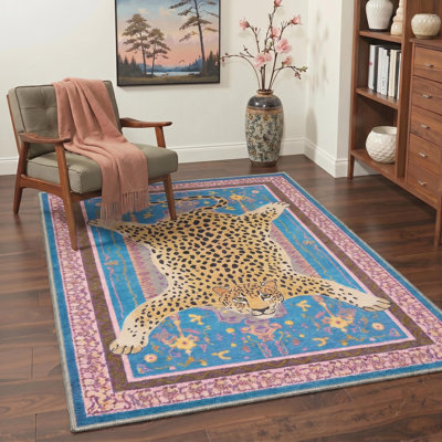 Tapis bleu à imprimé léopard Alinda