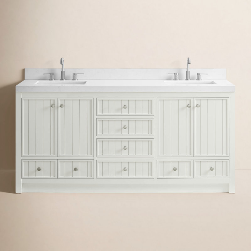 Aula 72" Double Bathroom Vanity with 2" Thassos White Quartz Countertop, Pearl White