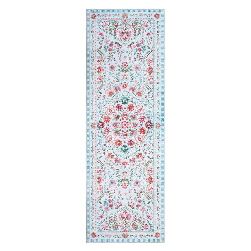 Washable Floral 2x6 Kitchen Rugs Farmhouse Hallway Runner Rug Non Slip Back for Bedroom Laundry Bathroom Light Blue, Pink