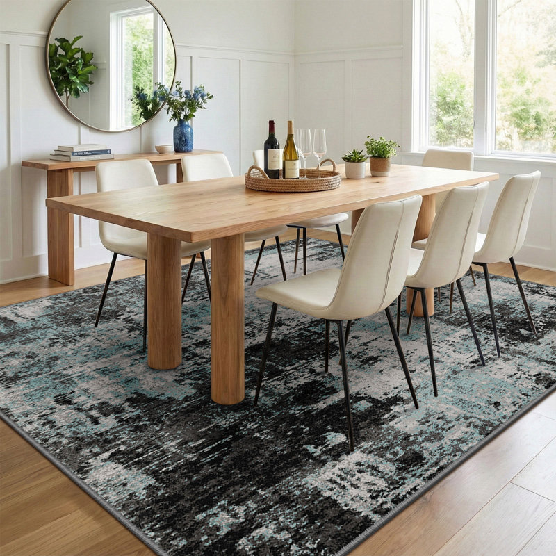 Modern Abstract Printed Area Rug Non-Slip Machine Washable Low Pile for Living Room Bedroom, Blue/Black, Rectangle 9' x 12'