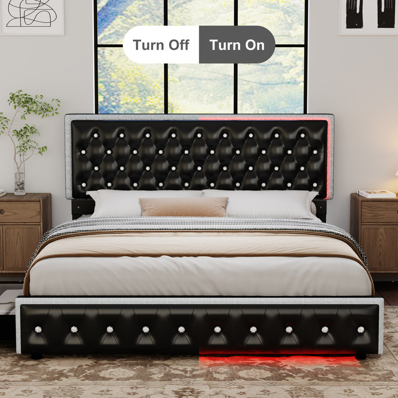 Diamond Button Tufted Bed Frame with LED Headboard Footboard & 2 Drawers Side Pockets, Black, Full