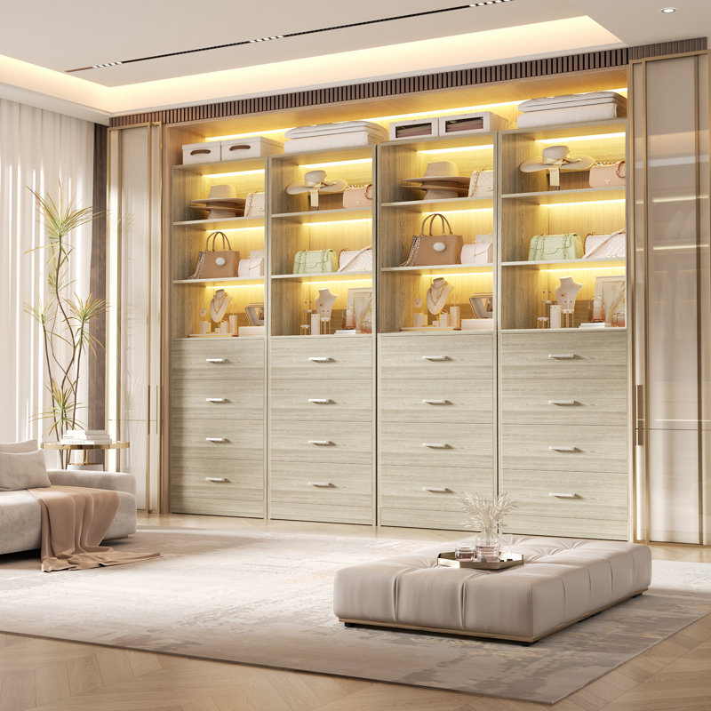 Closet System With Wood Drawers, Washed Oak