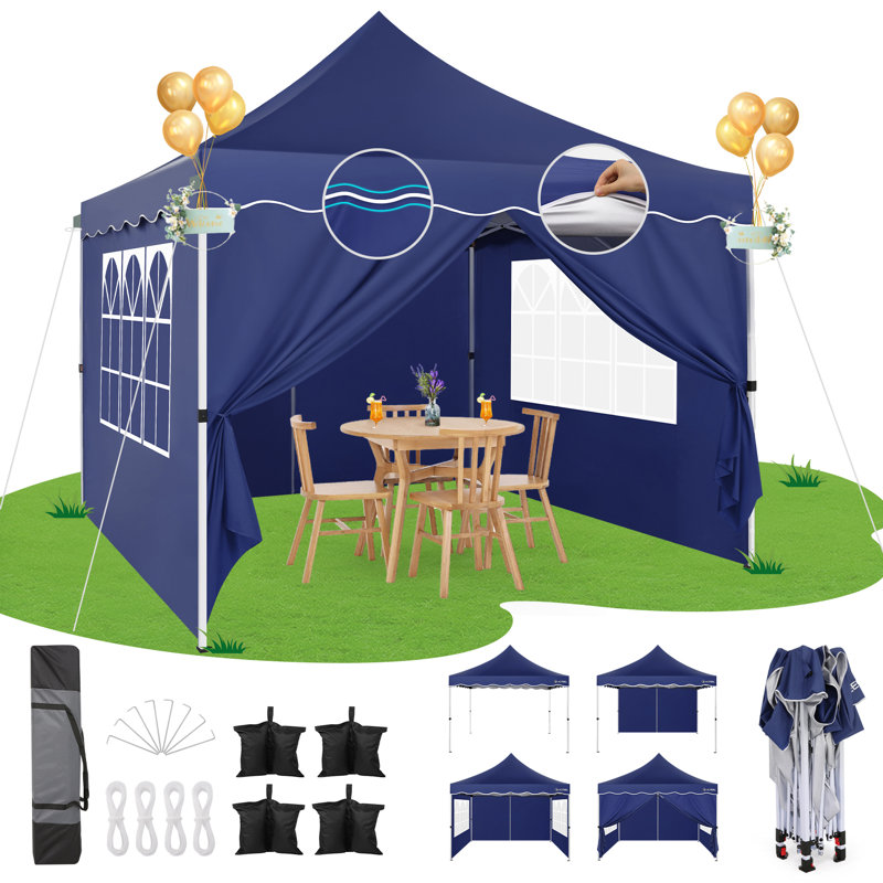 10 Ft. W x 10 Ft. Pop Up Canopy with 4 Removable Sidewalls, Sandbags, Stakes & Ropes, Dark Blue
