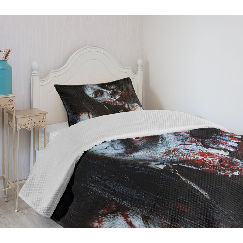 Twin White Quilted Zombie Bedspread Set with Pillow Sham