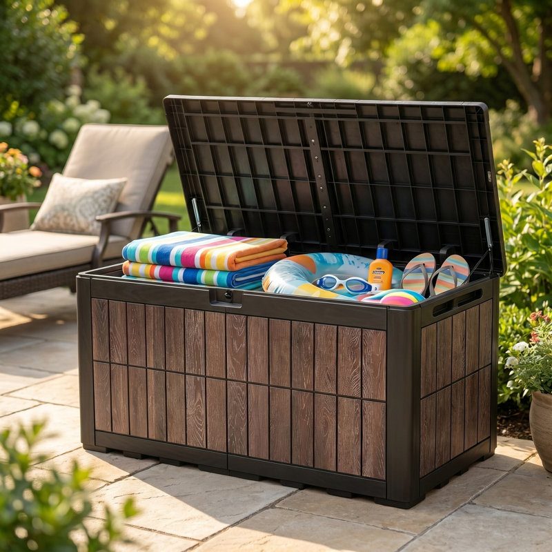 Boîte de rangement verrouillable en résine résistante à l'eau 130 gallons avec serrure Edrosie Inc - brun et noir, Brown