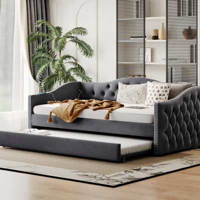 Gray Twin Upholstered Daybed With Trundle, Charging On Left Armrest, Wood Slat Bed Frame, Velvet Fabric, Mid - Century Design Nailhead Trimmed Waved Arms, Bedroom Sanctuary Support, Upholstery, Style