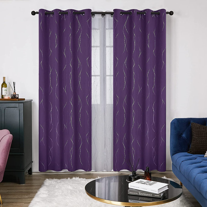 Senath Dotted Line Foil Printed Room Darkening Thermal Curtains, 117cm W x 183cm D, Purple Grape