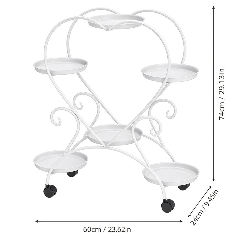 Support pour plante en métal à 6 niveaux avec structure en forme de cœur et roulettes, Noir
