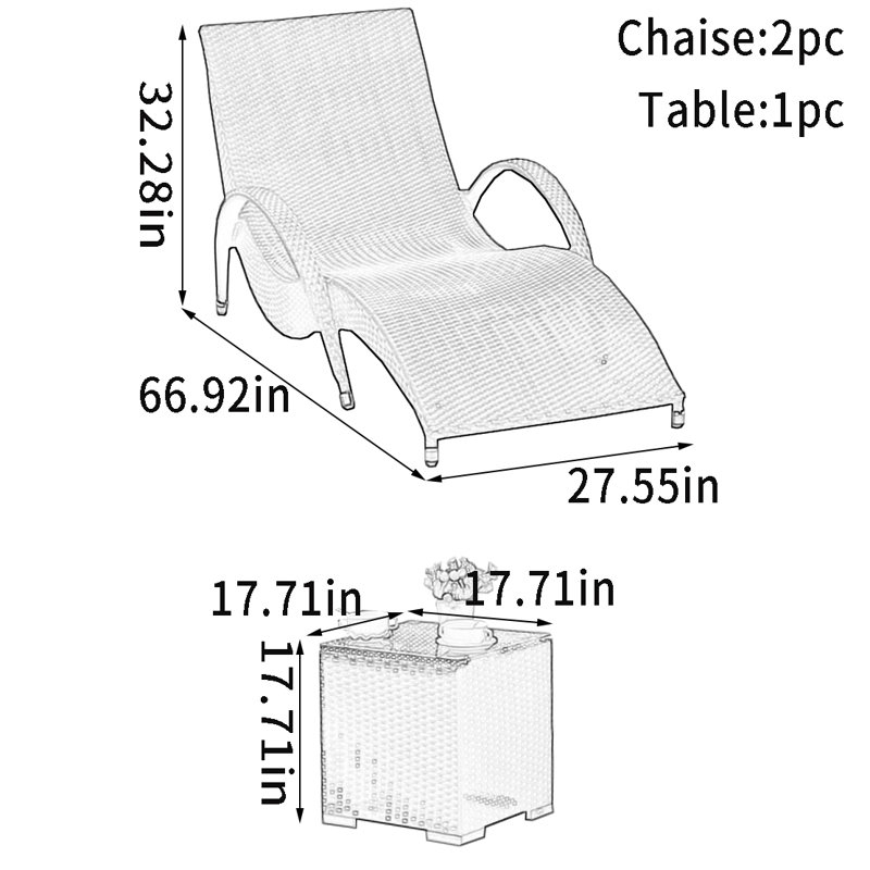 PE Rattan S-Shaped Outdoor Chaise Lounge Outdoor Wicker Chaise Lounge Set with Table