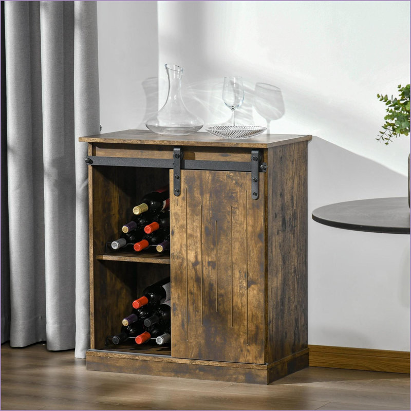 Buffet bahut | Bar de service industriel brun avec porte de grange coulissante et amp; Support pour 6 bouteilles | Bois aggloméré + acier