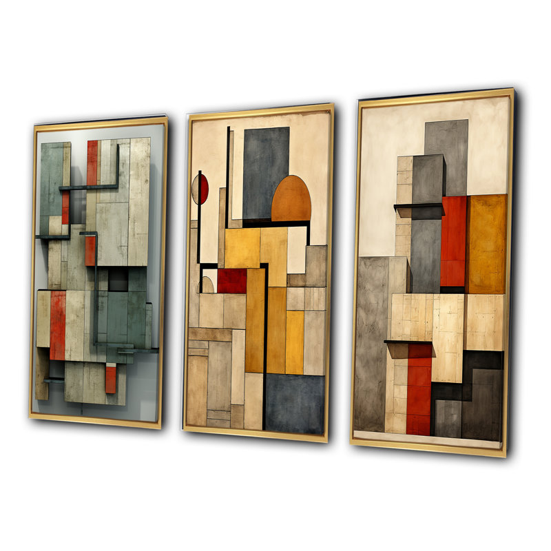 «Simplicity Of Beauty Vintage Abstract I», 3 pièces sur toile, Cadre flottant doré, H 32 po x l 48 po