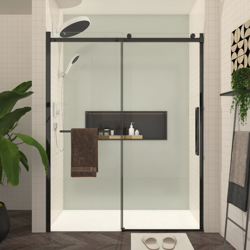  5660"W X 76"H Sliding Shower Door, 8Mm Frameless Glass Shower Door With Matte Black Hardware, Towel Bar And Handle,Drop Shipping Available