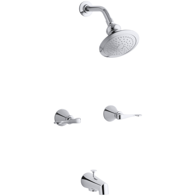 Revival Bath and Shower Faucet Set with Traditional Lever Handles and Single-Function Shower Head, Standard Showerarm and Flange
