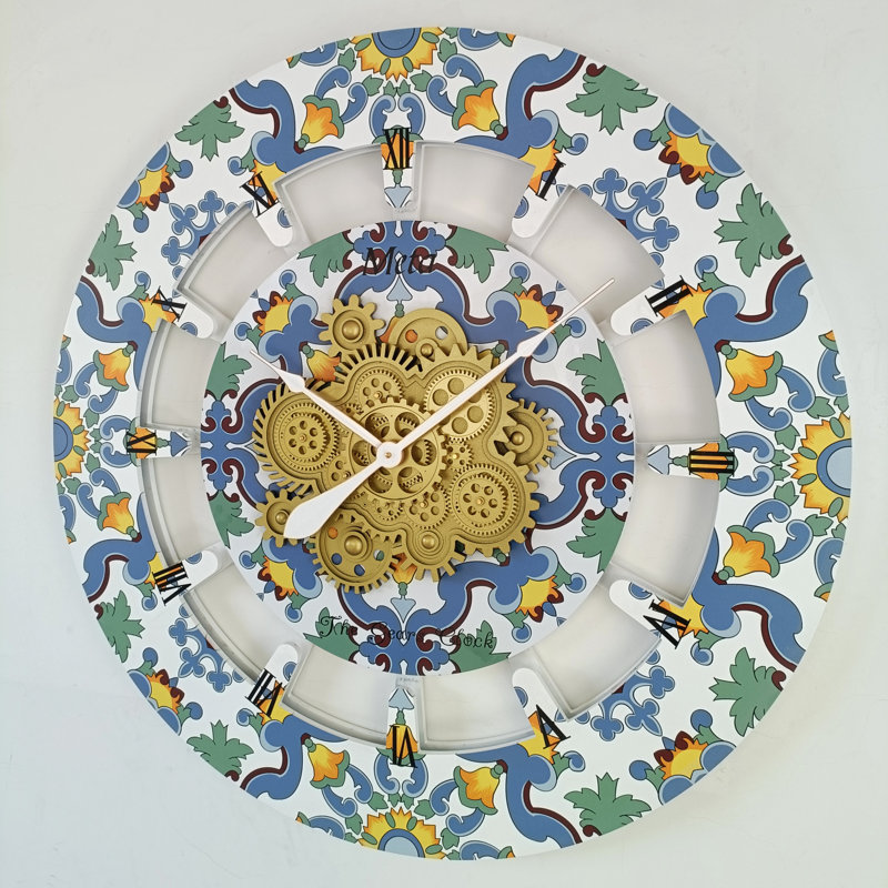 Oversized 36" Multicolor Metal and Wood Wall Clock with Moving Gears