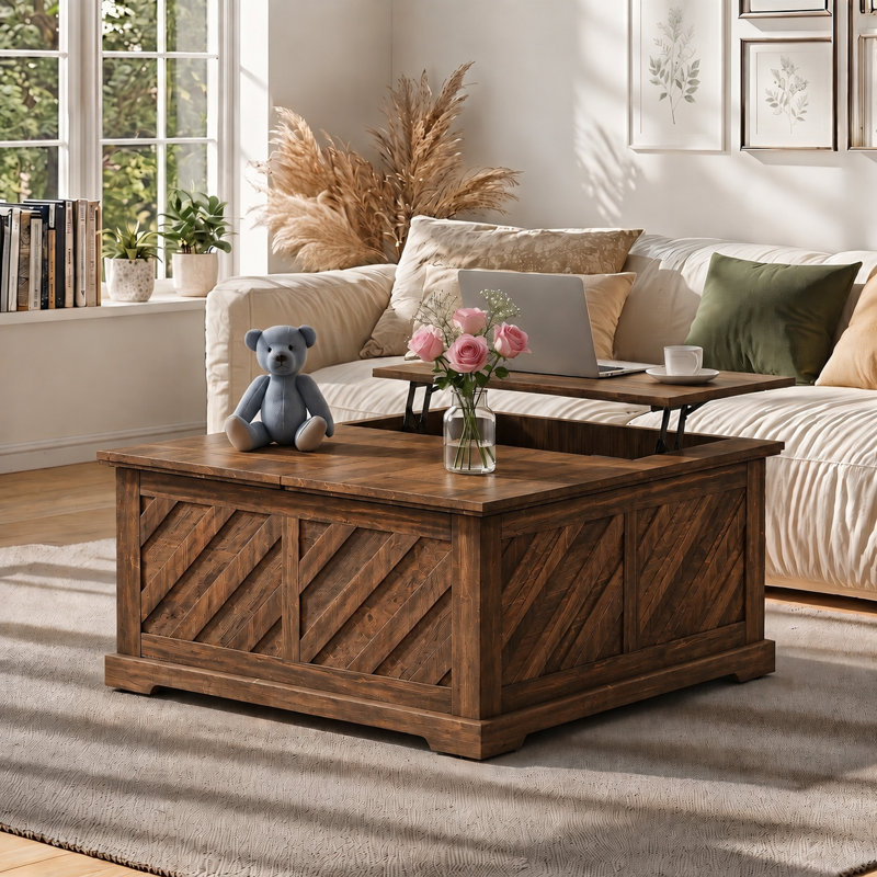 Nilla 35.5" Farmhouse Lift Top Coffee Table with Storage, Square Convertible Coffee Table, centre table, storage coffee table for Living Room, Dining & Work, Modern Wood Center Table with Hidden Storage Compartment for Small Spaces, Apartment & Home Office, coffee table with lift top, farmhouse coffee table