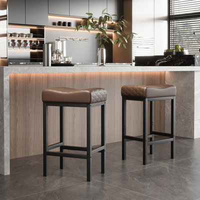 Bar Stools Set Of 2, 25" Backless Counter Height Bar Stools With Soft Leather Seat And With Footrest, 400 Lb Heavy Duty Padded Saddle Barstool Chair For Modern Kitchen Island Counter