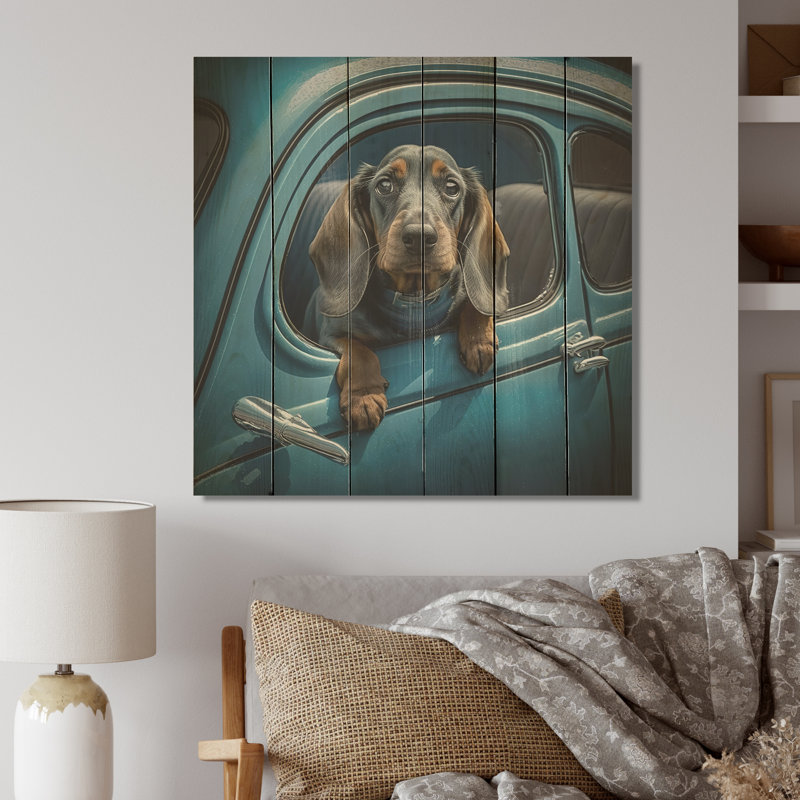 Portrait d'un teckel dans une voiture bleue II - reproduction sur toile, H 30 po x l 30 po x P 1 po, Bois