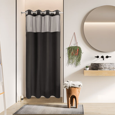 Ramjani Waffle Weave Shower Curtain With Snap in Liner, Sheer Window